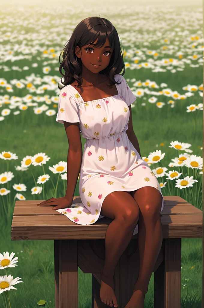 1 girl, dark skin, short flower print dress, medium curly wavy hair, innocent smile, barefoot, sitting on a table, meadow of daisies background
