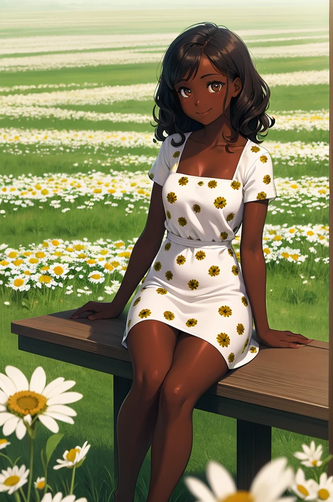 1 girl, dark skin, short flower print dress, medium curly wavy hair, innocent smile, barefoot, sitting on a table, meadow of daisies background