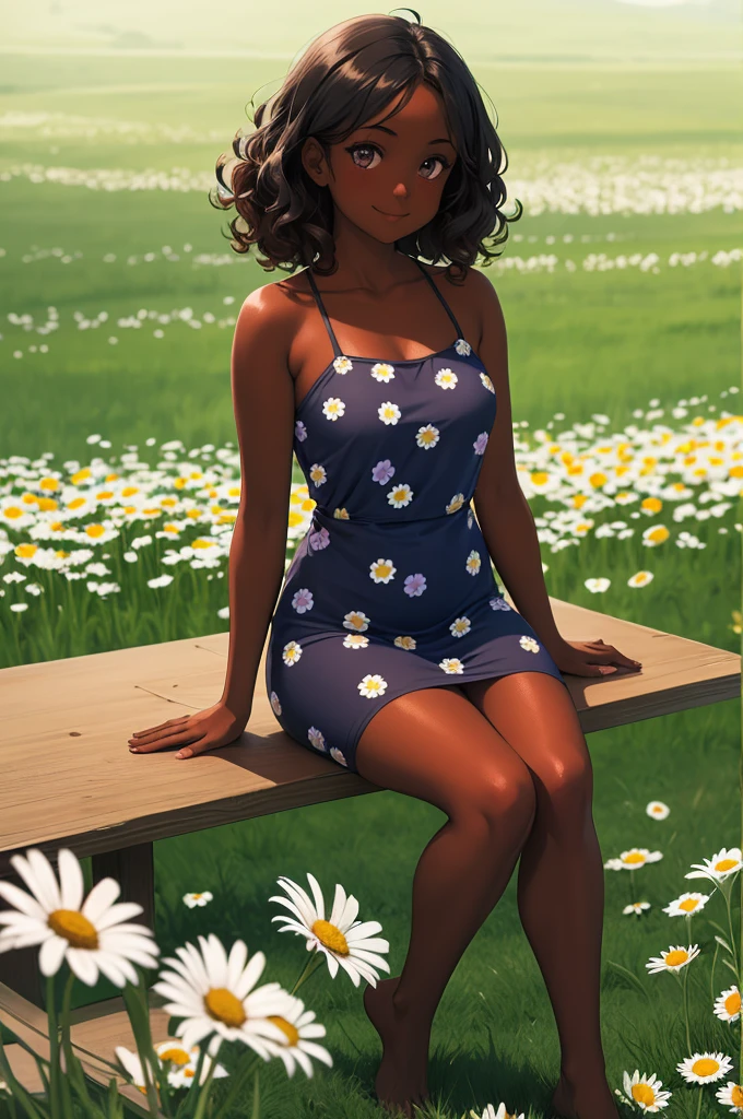 1 girl, dark skin, short flower print dress, medium curly wavy hair, innocent smile, barefoot, sitting on a table, meadow of daisies background