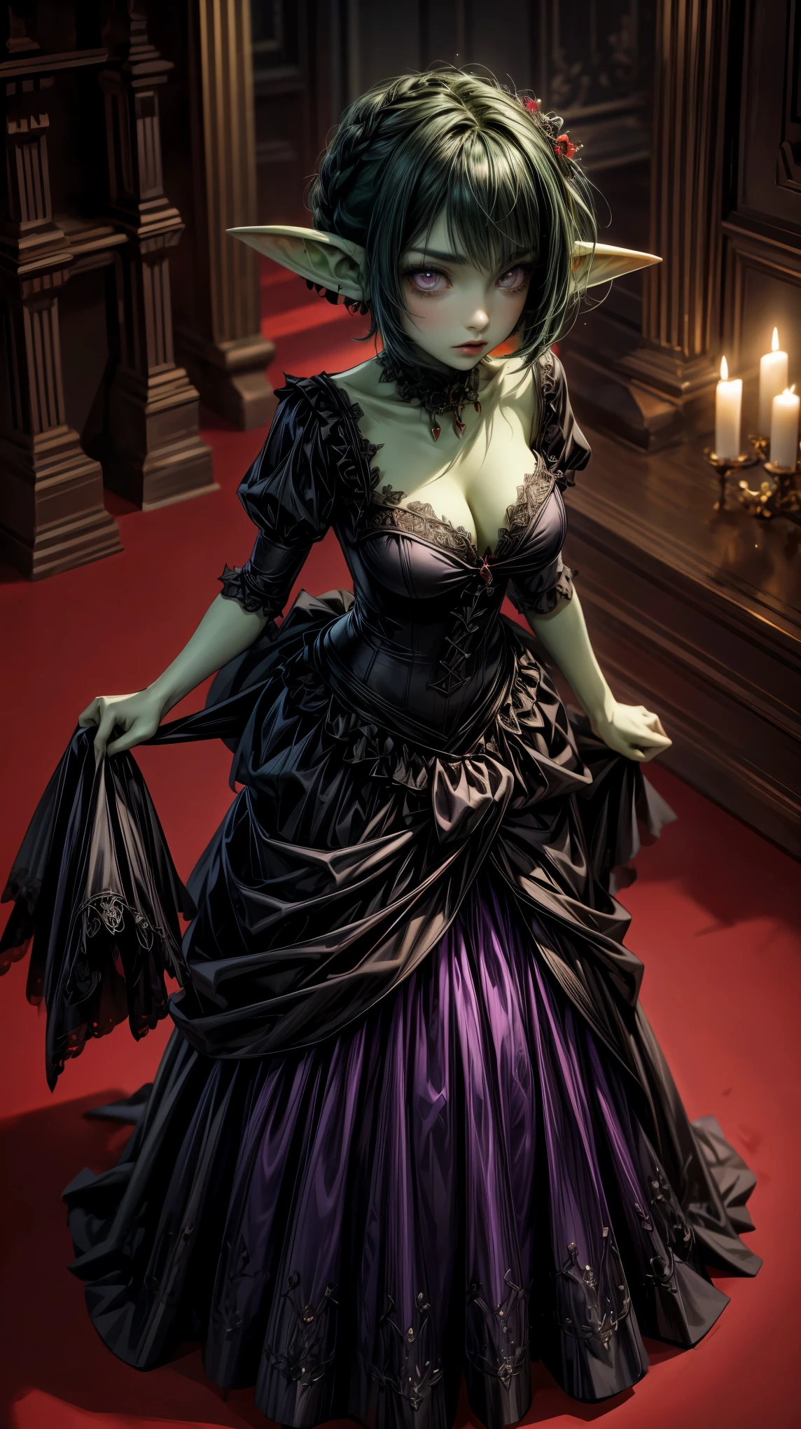 absurdrez, ((best quality)), ((masterpiece)), (detailed), dark gothic horror style, Halloween style, very small goblin girl, (green skin), pointy ears, (short purple hair with black streaks pixie hairstyle), aloof expression, bright red eyes, superior attitude, sassy, smug, wearing ornate large black ball gown, full body, elegant, beautiful, dynamic pose, cinematic still, detailed eyes, in a gothic ballroom, black and red jewelry, 