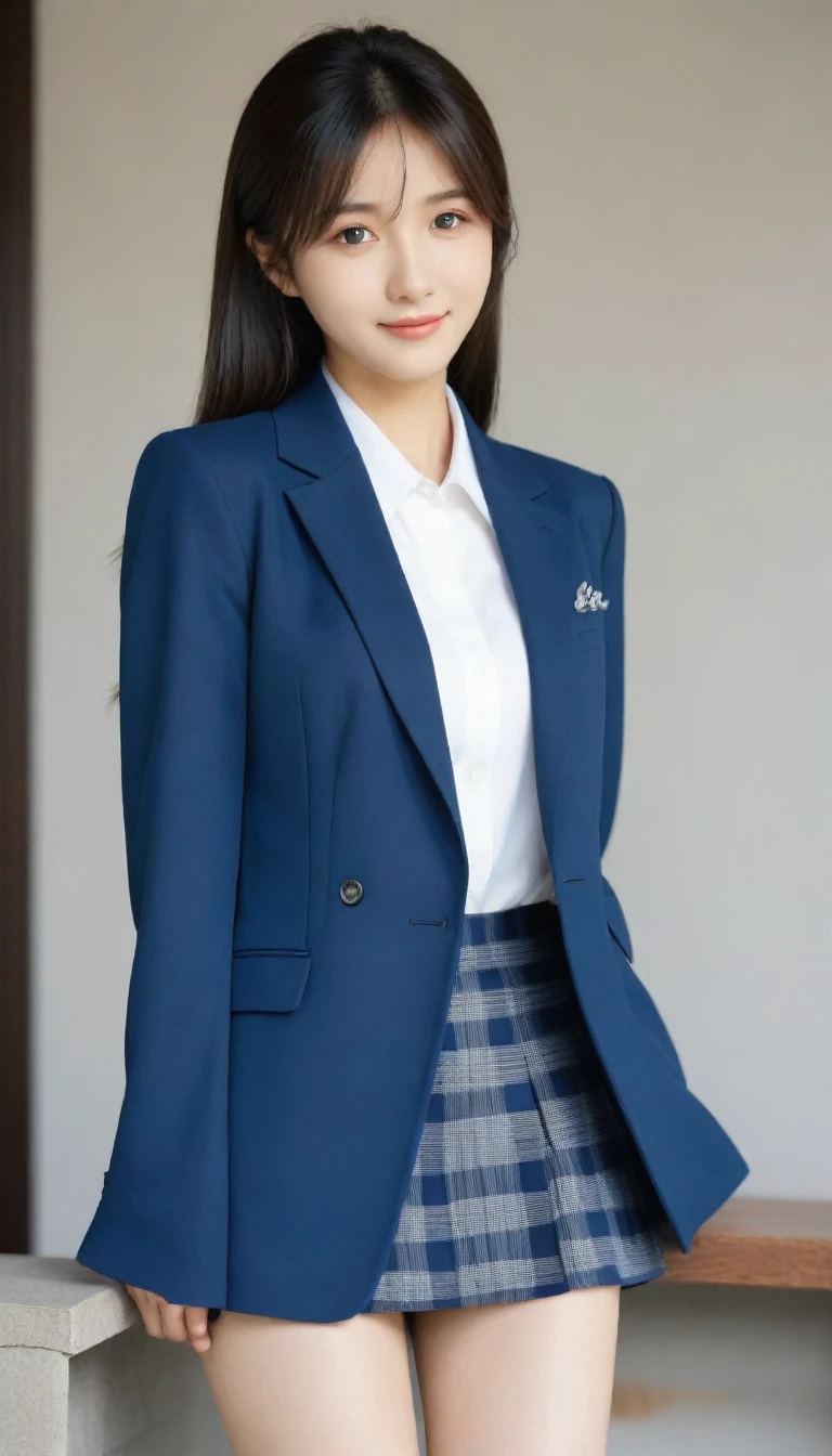 8K, Ultra-high resolution, Highest quality, masterpiece, 三分割法によるphotograph,Surreal, photograph, 1 Girl, (16 years old:1.3), pretty girl, Cute face, Beautiful eyes in every detail, 細かくdetailedに,masterpiece,, One Girl:1.2, Japan Female Announcer、Cowboy Shot,((very small head:1.3)),Center-parted bangs,amount,Black Hair,Long Hair,Iris,Gorgeous eyes,smile,((Toned body,Slender body,skinny)),(school uniform、Dark blue blazer jacket、Navy blue tie、Grey plaid pleated mini skirt),Beautiful leg line beauty,Captivating thighs,Glowing Skin,Shiny skin,Climbing the stairs,Fire escape in a building,Full of sex appeal,Sensual,屈託のないsmile,Heal the heart,Low - Angle、beauty,Long neck、Laugh a little、Please close your mouth and laugh、(((Ideal body type))),A cup small breasts :2,、Portraiture:2、Perfect Anatomy、鮮明なdetailed、detailed、Surreal、Light and shadow,Strong light