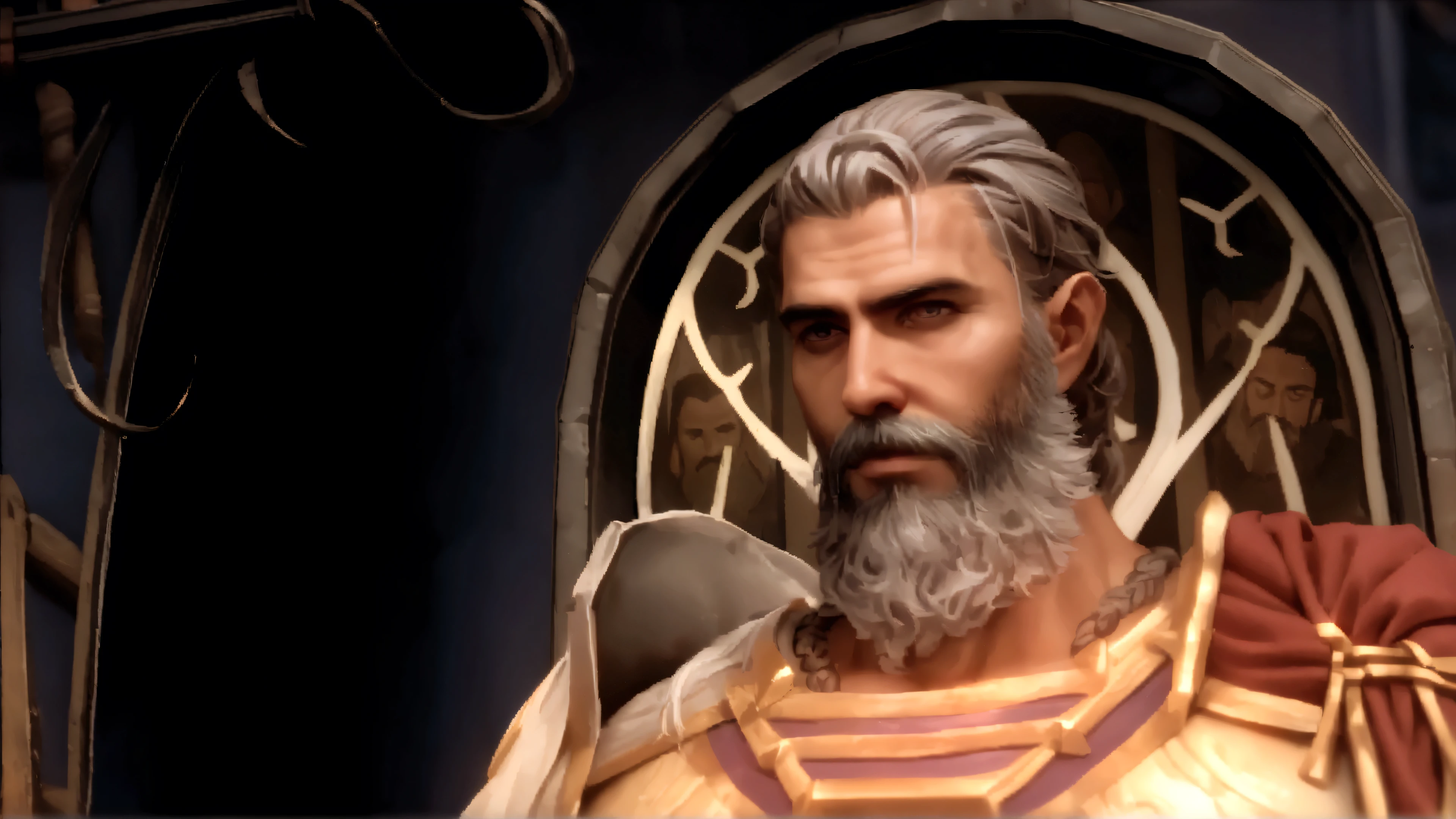 a close-up of a man with a beard and a sword, greybeard, (theseus greek:1.15), portrait of male god theseus, alfric overguard, known as Theseus in God of War 2, photo of a male cleric, dwarven, offwhite, silvery skinned male elf, painted portrait of rugged odin, photo of an adult male warrior