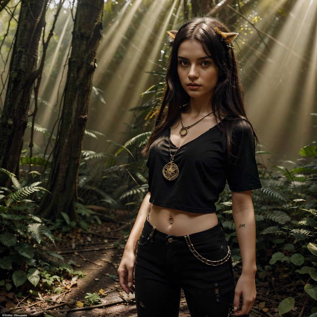 forest, catgirl, black cropped t-shirt adorned with medals and chains, black jeans adorned with chains and patches, beams of sunlight shining through the canopy, yellow eyes, calico fur, beautifully lit, insanely detailed, stunning environment