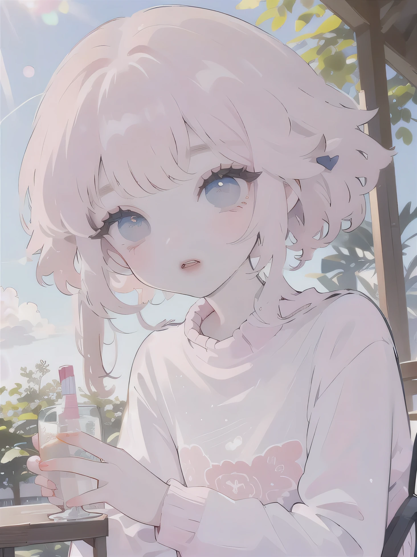 (high quality) (best quality) (a woman) (correct physiognomy) (perfect students) (perfect eyes) anime woman, deep pink long and fluffy hair pink, two rabbit ears coming out of her head, blue eyes, lips sensitive, feminine appearance, soft facial features, thin eyebrows, soft skin, rosy cheeks, pink lips, silky eyelashes, dreamy expression, middle age, youthful clothing, print sweatshirt, photo illuminated by sunlight, Woman sitting on forest.