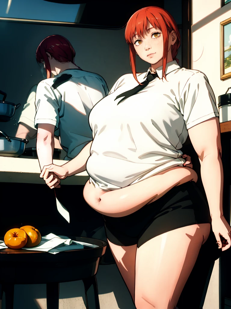 Le personnage Makima de la série animée Chainsaw Man, fragile, obésité morbide, ssbbw, pleine longueur (corps entier 1.1.), fond sombre, obscurité, anatomie correcte 1.1, anatomie correcte de la main, Très féminin, corps gras et rond, grosses Jambes, fesses, beau corps obèse, ventre rond et mou très gras visible, ventre énorme et gras, tres grosse, obésité, cheveux roux, Yeux oranges, Cercles rouges pour les écoliers, chemise blanche, jupe noire, cravate noire, pose sexy, réaliste, very détaillé, beau corps, détaillé body, détaillé hands, détaillé, vibrant, détaillé Face, Conception des personnages de Makima. very détaillé, détaillé body, détaillé hands, détaillé Face, Art animé, Hugh Détails, Visage très abattu, détaillé eyes, Illustration ultra fine, Meilleure ombre, détail fin, beautiful détaillé glow, beautiful détaillé, Extraordinairement beau, extremely détaillé, inexpressif, composition épique, Style animé. art animé, Style animé. Jupe noire, chemise blanche, cravatte, pose sexy