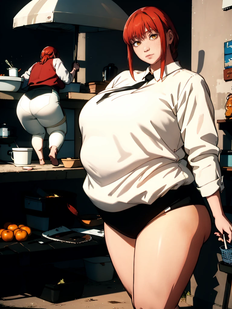 Le personnage Makima de la série animée Chainsaw Man, fragile, obésité morbide, ssbbw, pleine longueur (corps entier 1.1.), fond sombre, obscurité, anatomie correcte 1.1, anatomie correcte de la main, Très féminin, corps gras et rond, grosses Jambes, fesses, beau corps obèse, ventre rond et mou très gras visible, ventre énorme et gras, tres grosse, obésité, cheveux roux, Yeux oranges, Cercles rouges pour les écoliers, chemise blanche, jupe noire, cravate noire, pose sexy, réaliste, very détaillé, beau corps, détaillé body, détaillé hands, détaillé, vibrant, détaillé Face, Conception des personnages de Makima. very détaillé, détaillé body, détaillé hands, détaillé Face, Art animé, Hugh Détails, Visage très abattu, détaillé eyes, Illustration ultra fine, Meilleure ombre, détail fin, beautiful détaillé glow, beautiful détaillé, Extraordinairement beau, extremely détaillé, inexpressif, composition épique, Style animé. art animé, Style animé. Jupe noire, chemise blanche, cravatte, pose sexy