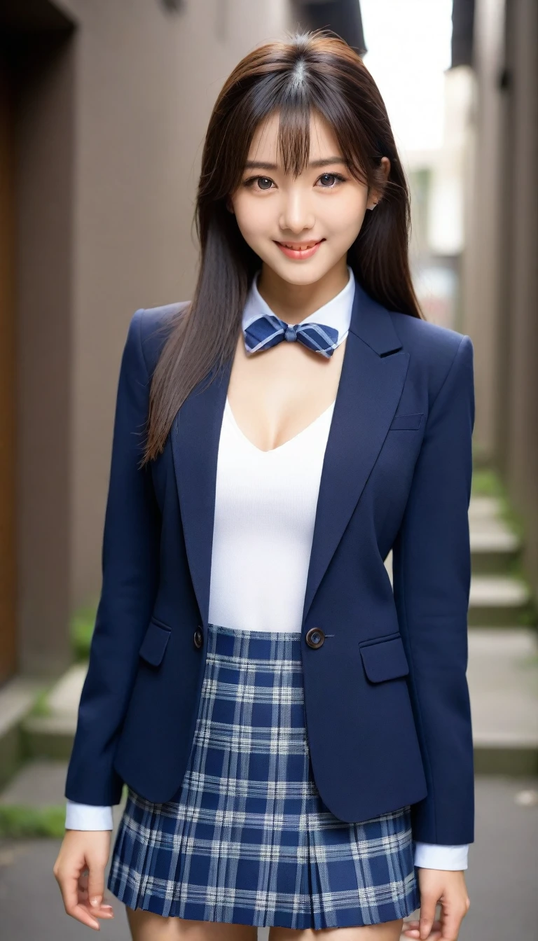 8K, Ultra-high resolution, Highest quality, masterpiece, 三分割法によるphotograph,Surreal, photograph, 1 Girl, (16 years old:1.3), pretty girl, Cute face, Beautiful eyes in every detail, 細かくdetailedに,masterpiece,, One Girl:1.2, Japan Female Announcer、Cowboy Shot,((very small head:1.3)),Center-parted bangs,amount,Black Hair,Long Hair,Iris,Gorgeous eyes,smile,((Toned body,Slender body,skinny)),(school uniform、Dark blue blazer jacket、Navy blue tie、Grey plaid pleated mini skirt),Beautiful leg line beauty,Captivating thighs,Glowing Skin,Shiny skin,Climbing the stairs,Fire escape in a building,Full of sex appeal,Sensual,屈託のないsmile,Heal the heart,Low - Angle、beauty,Long neck、Laugh a little、Please close your mouth and laugh、(((Ideal body type))),A cup small breasts :2,、Portraiture:2、Perfect Anatomy、鮮明なdetailed、detailed、Surreal、Light and shadow,Strong light