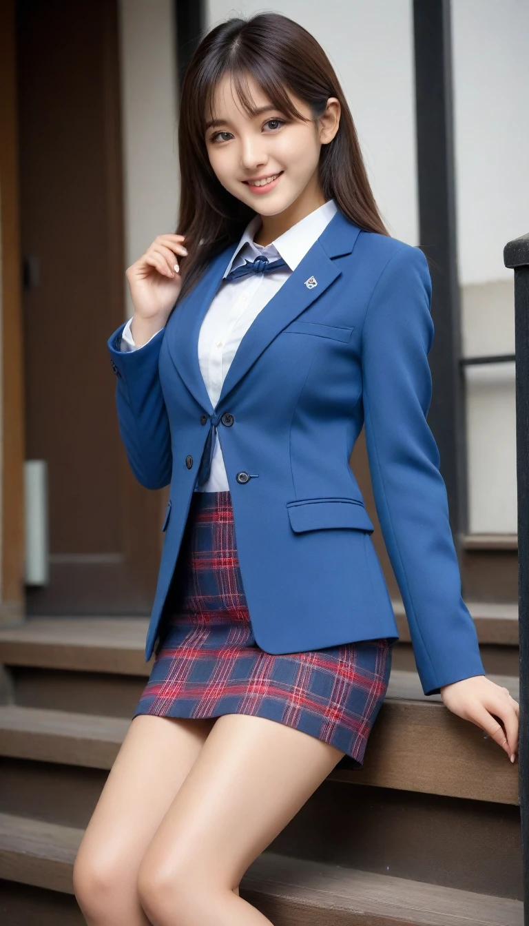 8K, Ultra-high resolution, Highest quality, masterpiece, 三分割法によるphotograph,Surreal, photograph, 1 Girl, (16 years old:1.3), pretty girl, Cute face, Beautiful eyes in every detail, 細かくdetailedに,masterpiece,, One Girl:1.2, Japan Female Announcer、Cowboy Shot,((very small head:1.3)),Center-parted bangs,amount,Black Hair,Long Hair,Iris,Gorgeous eyes,smile,((Toned body,Slender body,skinny)),(school uniform、Dark blue blazer jacket、Navy blue tie、Grey plaid pleated mini skirt),Beautiful leg line beauty,Captivating thighs,Glowing Skin,Shiny skin,Climbing the stairs,Fire escape in a building,Full of sex appeal,Sensual,屈託のないsmile,Heal the heart,Low - Angle、beauty,Long neck、Laugh a little、Please close your mouth and laugh、(((Ideal body type))),A cup small breasts :2,、Portraiture:2、Perfect Anatomy、鮮明なdetailed、detailed、Surreal、Light and shadow,Strong light