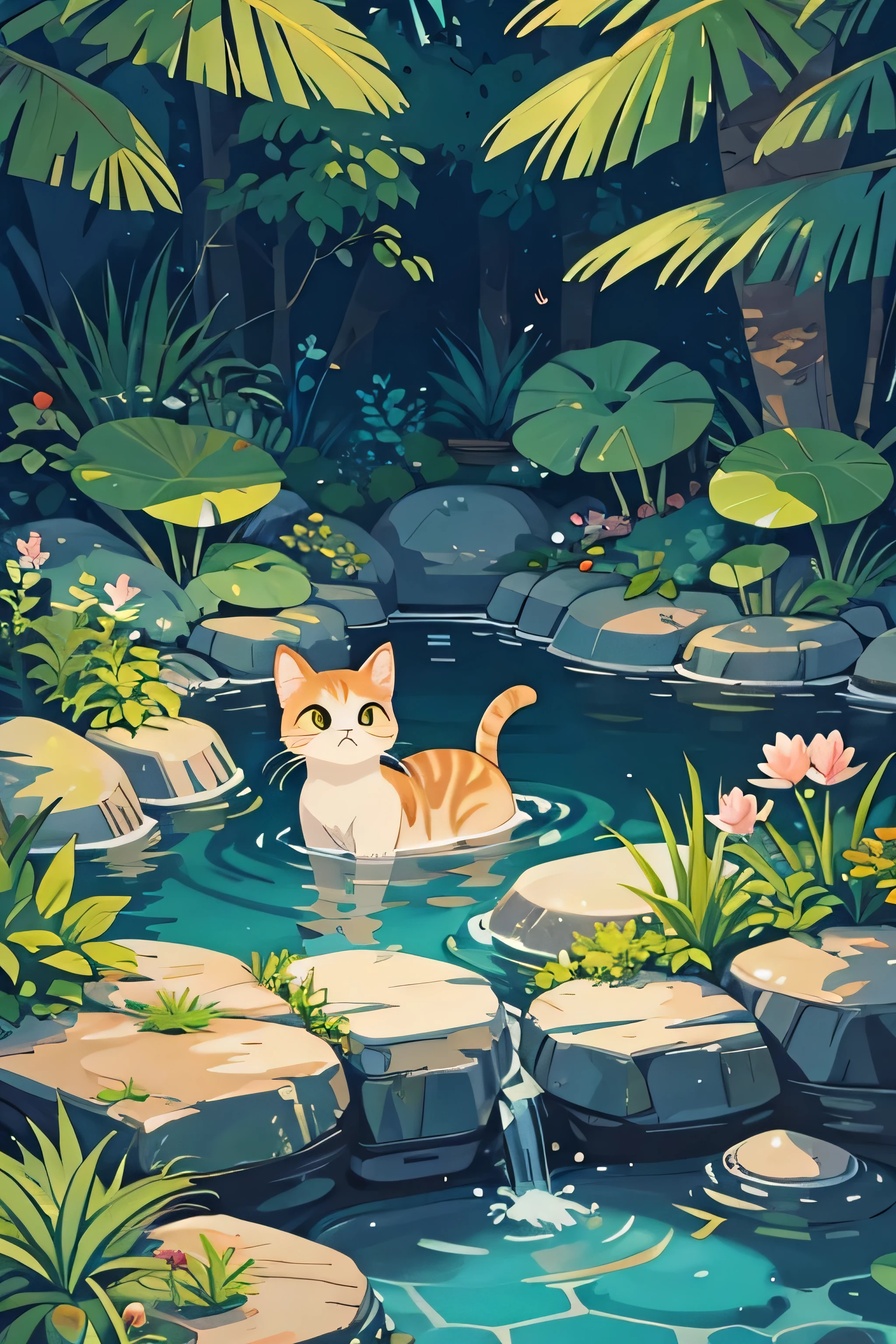 Japanese cat in a pond with plants and fish