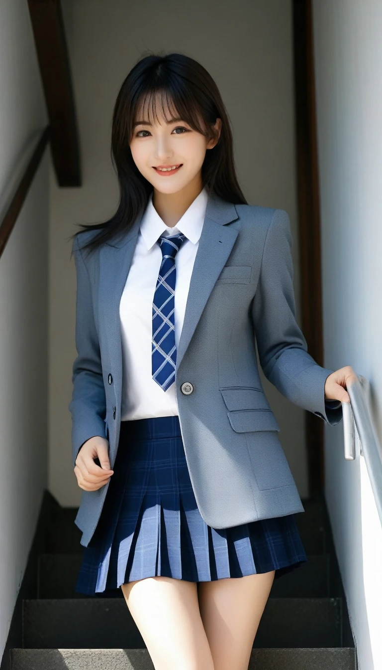 8K, Ultra-high resolution, Highest quality, masterpiece, 三分割法によるphotograph,Surreal, photograph, 1 Girl, (16 years old:1.3), pretty girl, Cute face, Beautiful eyes in every detail, 細かくdetailedに,masterpiece,, One Girl:1.2, Japan Female Announcer、Cowboy Shot,((very small head:1.3)),Center-parted bangs,amount,Black Hair,Long Hair,Iris,Gorgeous eyes,smile,((Toned body,Slender body,skinny)),(school uniform、Dark blue blazer jacket、Navy blue tie、Grey plaid pleated mini skirt),Beautiful leg line beauty,Captivating thighs,Glowing Skin,Shiny skin,Climbing the stairs,Fire escape in a building,Full of sex appeal,Sensual,屈託のないsmile,Heal the heart,Low - Angle、beauty,Long neck、Laugh a little、Please close your mouth and laugh、(((Ideal body type))),A cup small breasts :2,、Portraiture:2、Perfect Anatomy、鮮明なdetailed、detailed、Surreal、Light and shadow,Strong light