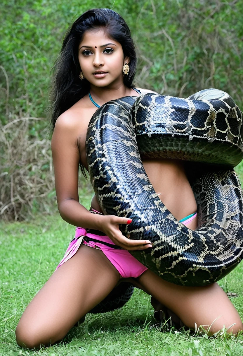 Topless Pink thong Happy Horny, aroused 1girl), beautiful kneeling Indian young girl with giant colossal black titanboa squeezing her hard, wrapped in thick spiraling coils, constricted, struggle, gasping for air, snake attack, snake peril,