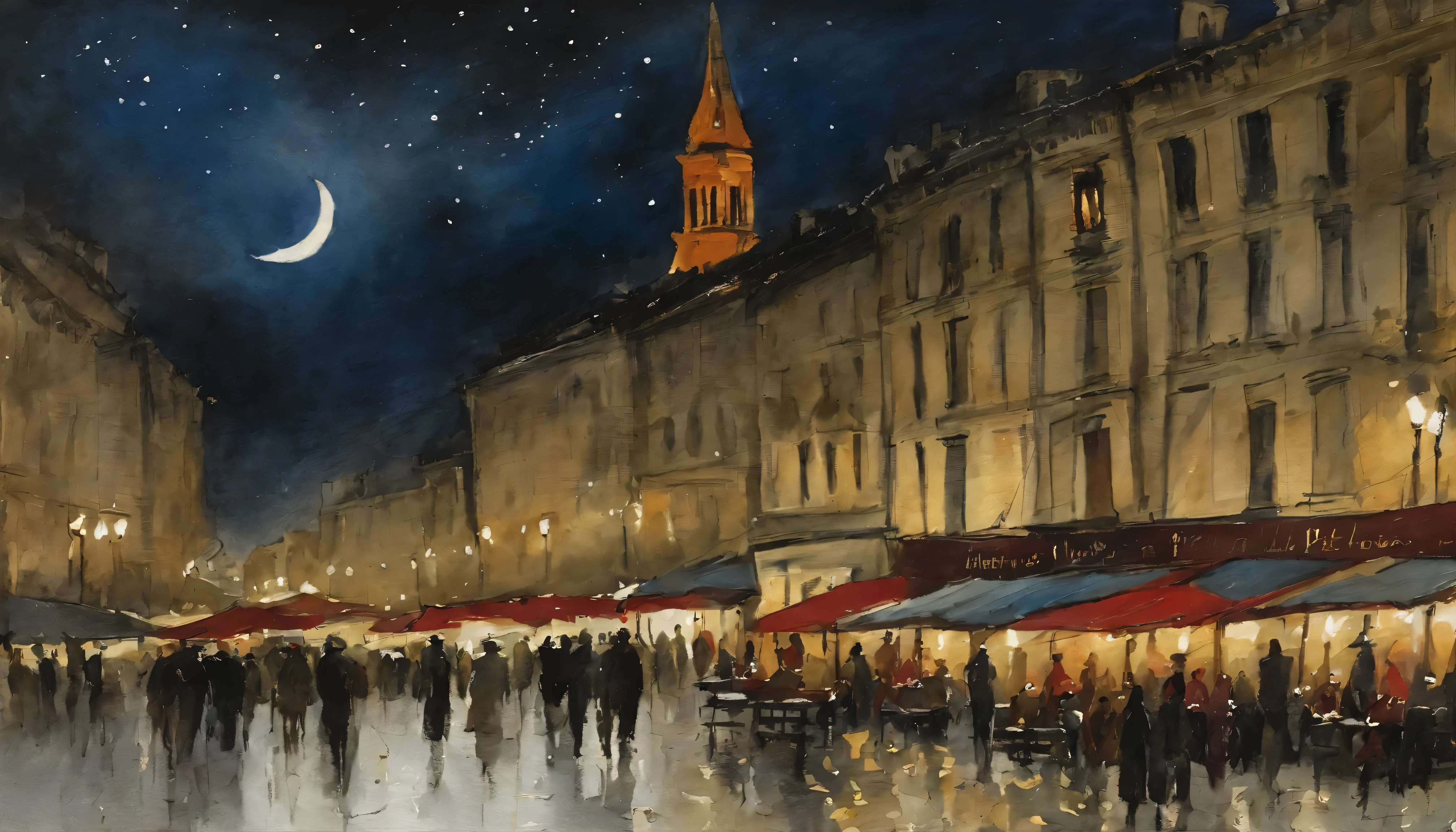 Art by William Nicholson,、night、((starry sky))、((table top)),((highest quality)),((high details)),((realistic,)) The overall gloom of the industrial age、Night City, european cities、deep valley in the middle, architecture street, bazaar,Red Tent、 Cafe, European architecture、Eiffel Tower、