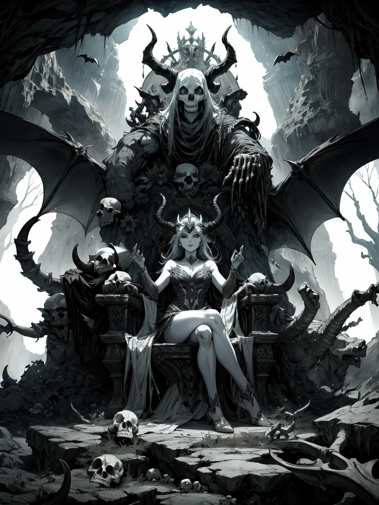 a fantasy image, a cave full of bones and a throne of skulls, it should show a thin moonlight, in the center of the image there should be a woman with bat wings and horns, the bottom should be rocky with an opening at the top of the cave.