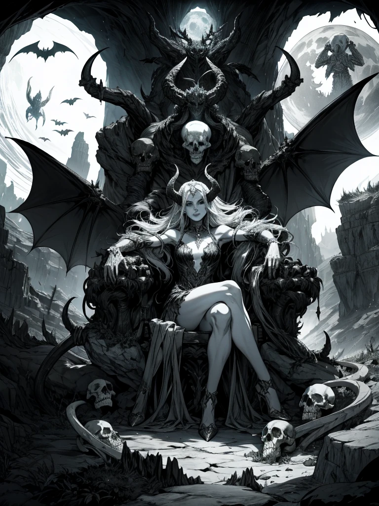 a fantasy image, a cave full of bones and a throne of skulls, it should show a thin moonlight, in the center of the image there should be a woman with bat wings and horns, the bottom should be rocky with an opening at the top of the cave.