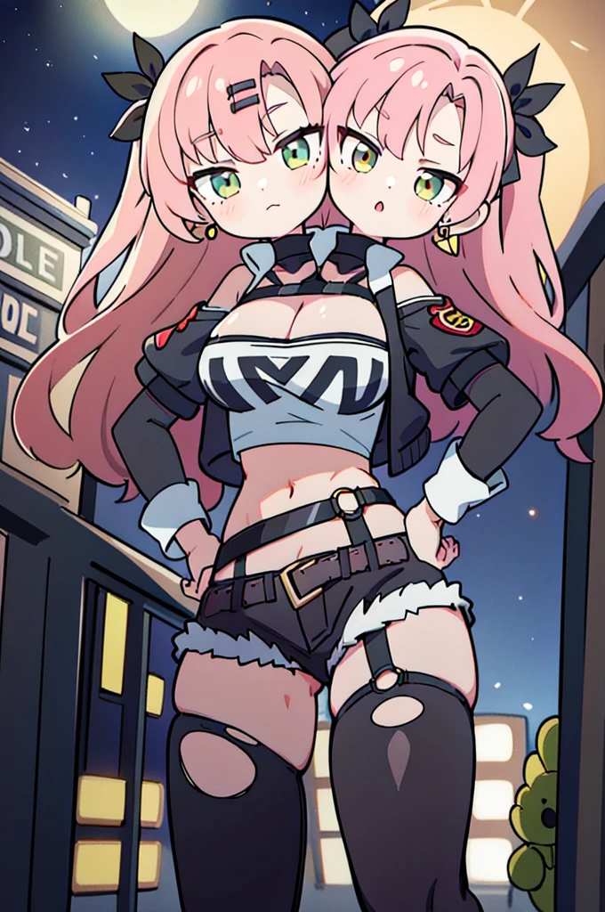 masterpiece, best quality, ultra-detailed, extremely detailed,illustration, 1girl, nicole demara, hair ribbon, hairclip, earrings, black collar, tube top, single thighhigh, short shorts, cropped jacket, belt, thigh strap, detached sleeves, doll, standing, hand on hip, cowboy shot, night street, moon, (2heads:1.1)