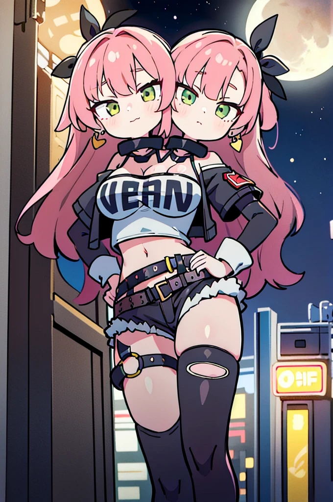 masterpiece, best quality, ultra-detailed, extremely detailed,illustration, 1girl, nicole demara, hair ribbon, hairclip, earrings, black collar, tube top, single thighhigh, short shorts, cropped jacket, belt, thigh strap, detached sleeves, doll, standing, hand on hip, cowboy shot, night street, moon, (2heads:1.1)