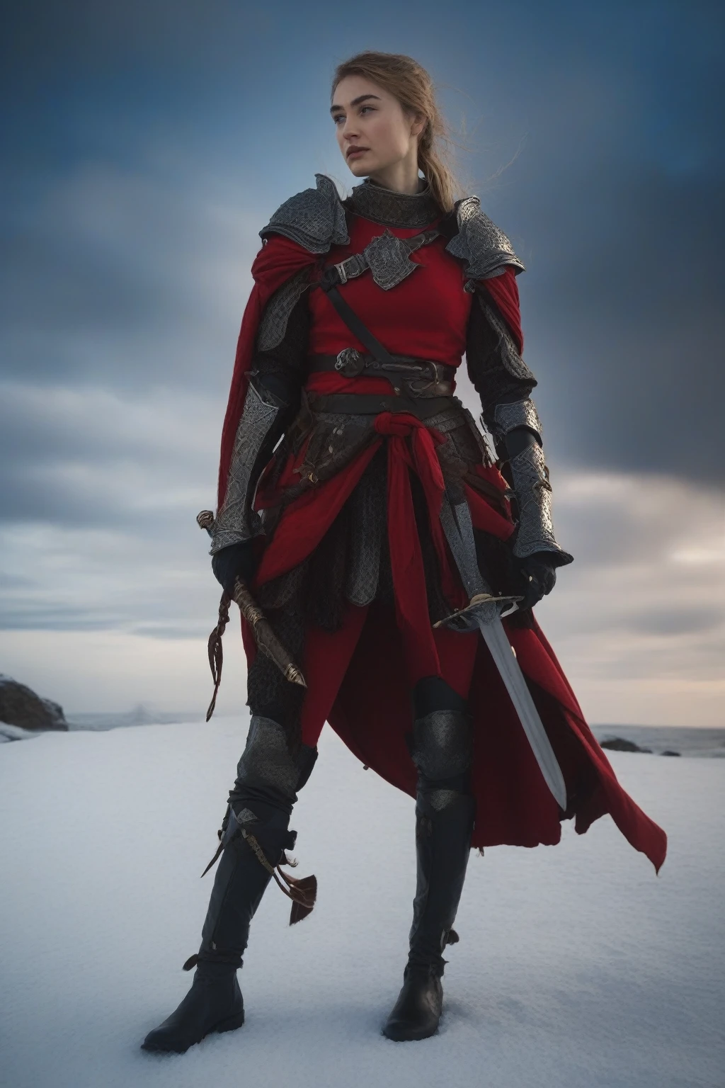 Close-up of a woman in a red and black outfit holding a sword, north adult female warrior, north female warrior, female paladin in fantasy style, lady in red armor, female warrior, The concept of a heroic fantasy character, Scandinavian warrior, portrait of a female paladin, medieval female warrior, Fantasy warrior in full armor, Imogen Poots as D&d paladin