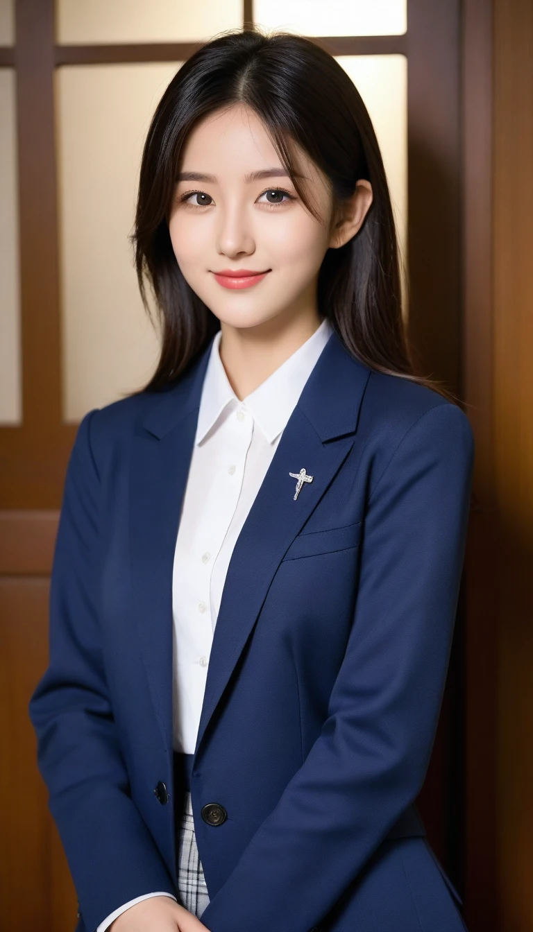 8K, Ultra-high resolution, Highest quality, masterpiece, 三分割法によるphotograph,Surreal, photograph, 1 Girl, (:1.3), pretty girl, Cute face, Beautiful eyes in every detail, 細かくdetailedに,masterpiece,, One Girl:1.2, Japan Female Announcer、Cowboy Shot,((very small head:1.3)),Center-parted bangs,amount,Black Hair,Long Hair,Iris,Gorgeous eyes,smile,((Toned body,Slender body,skinny)),(school uniform、Dark blue blazer jacket、Navy blue tie、Grey plaid pleated mini skirt),Beautiful leg line beauty,Captivating thighs,Glowing Skin,Shiny skin,Climbing the stairs,Fire escape in a building,Full of sex appeal,Sensual,屈託のないsmile,Heal the heart,Low - Angle、beauty,Long neck、Laugh a little、Please close your mouth and laugh、(((Ideal body type))),A cup small breasts :2,、Portraiture:2、Perfect Anatomy、鮮明なdetailed、detailed、Surreal、Light and shadow,Strong light