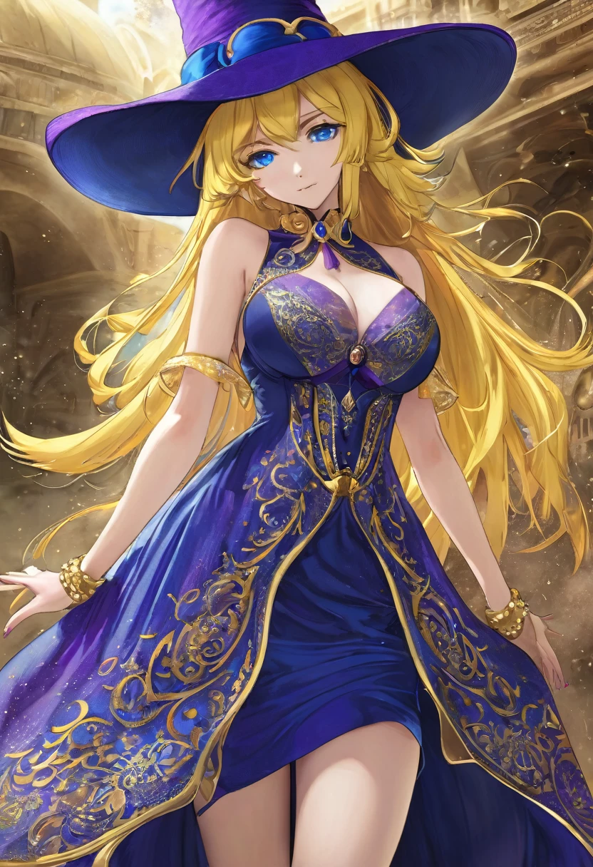 (( straight face picture )) ((best quality)),  ((Masterpiece)), (details), Young woman , yellow hair , Dirt. , blue eyes ,Blue purple set, Gold pattern, wearing a big brimmed hat , Magician , The dress is very beautiful. ,long dress ,big breasts ,Big butt