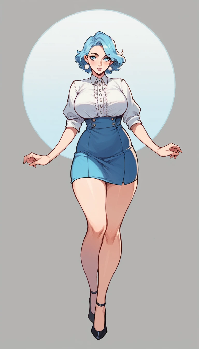 a sexy girl, beautiful, big breast, beauty, short light blue hair, circular, big round blue eye, light pink lip, she wears a white button-down shirt and a long blue skirt, black heels, hair with pearls, she goes to school on the island, she learns everything in class.