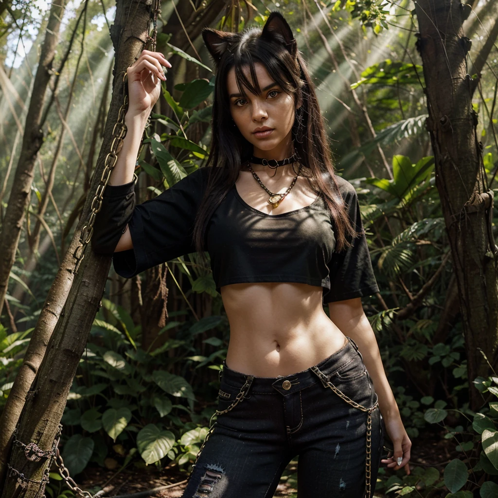 forest, catgirl, black cropped t-shirt adorned with medals and chains, black jeans adorned with chains and patches, beams of sunlight shining through the canopy, yellow eyes, calico fur, beautifully lit, insanely detailed, stunning environment