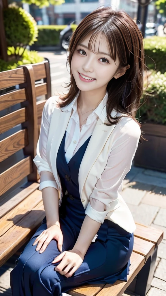 "prompt": "A sunny day in the city with a black-haired woman sitting on a bench. She is wearing a women's suit and has the most radiant smile. The cityscape is vibrant and clear under the bright blue sky, with modern buildings in the background. The woman exudes confidence and joy, her suit is perfectly tailored, and her black hair shines in the sunlight. The overall scene is ultra-realistic in 8K, capturing the intricate details of her suit, the texture of the bench, and the lively atmosphere of the city. The image quality is top-notch, ensuring every element looks perfect and clean, making it a masterpiece of professional artwork.",