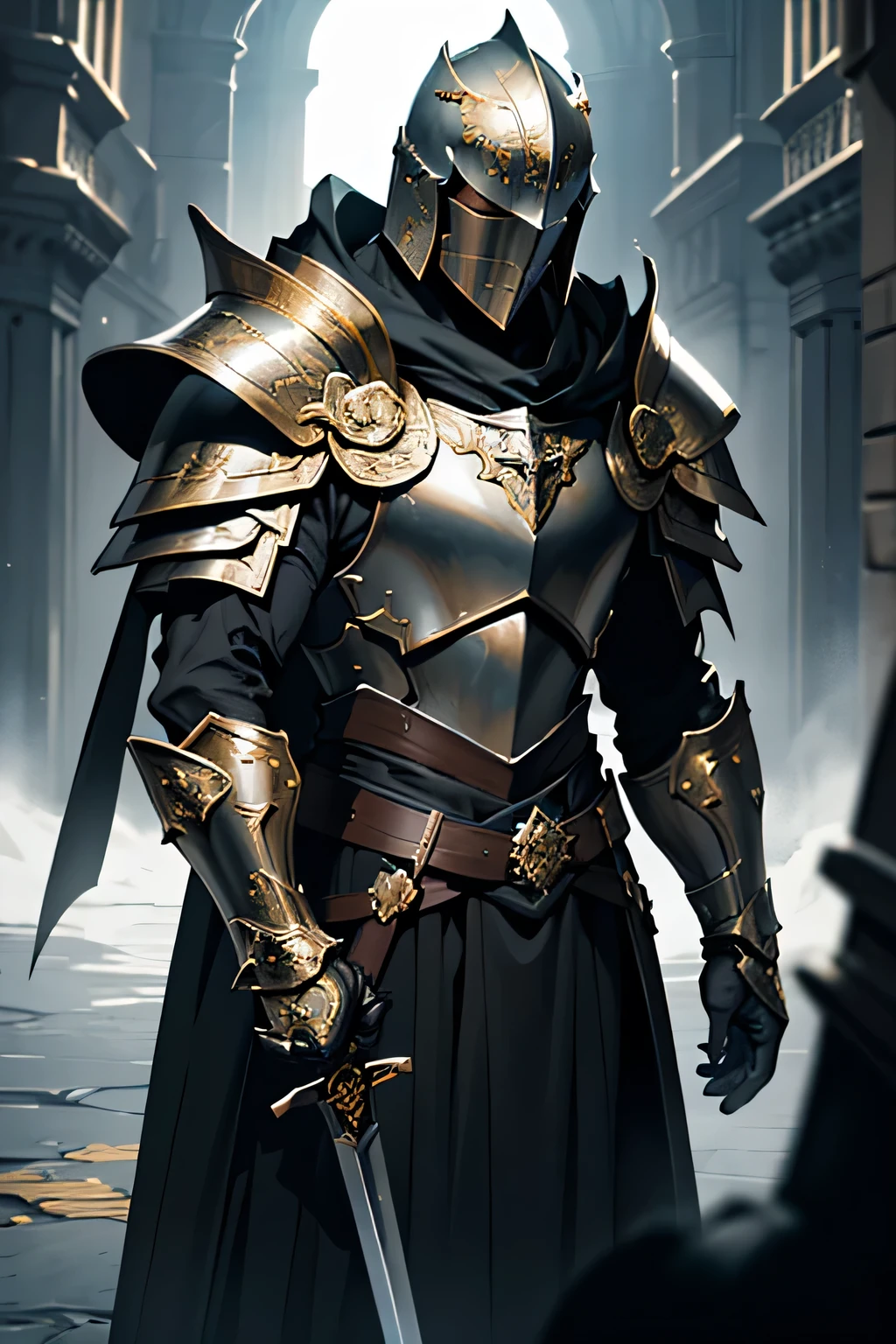 a knight in full armor, black and gold cape, large sword, knight helmet, highly detailed, cinematic lighting, epic fantasy, photorealistic, 8k, hyper detailed, intricate textures, dramatic lighting, cinematic composition, heroic pose, masterpiece, dark