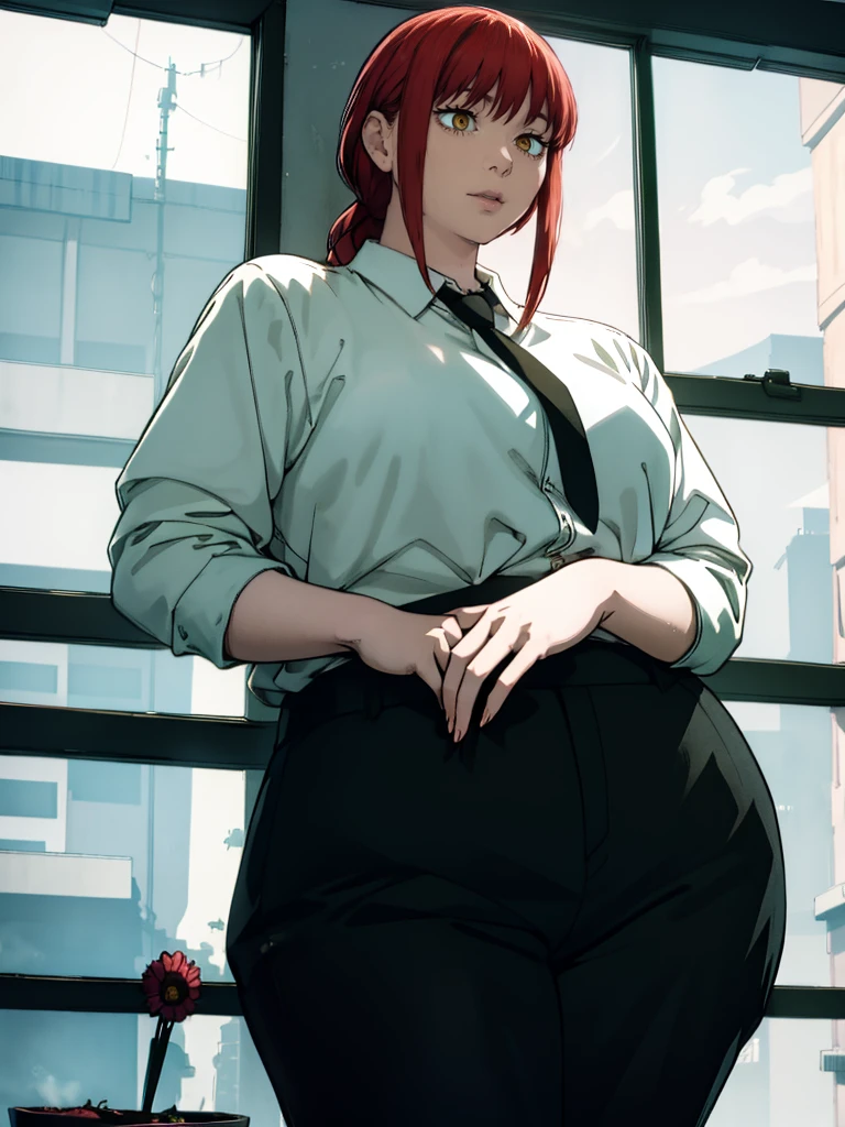Le personnage Makima de la série animée Chainsaw Man, fragile, obésité morbide, ssbbw, pleine longueur (corps entier 1.1.), fond sombre, obscurité, anatomie correcte 1.1, anatomie correcte de la main, Très féminin, corps gras et rond, grosses Jambes, fesses, beau corps obèse, ventre rond et mou très gras, cheveux roux, Yeux oranges, Cercles rouges pour les écoliers, chemise blanche, jupe noire, cravate noire, pose sexy, réaliste, very détaillé, beau corps, détaillé body, détaillé hands, détaillé, vibrant, détaillé Face, Conception des personnages de Makima. very détaillé, détaillé body, détaillé hands, détaillé Face, Art animé, Hugh Détails, Visage très abattu, détaillé eyes, Illustration ultra fine, Meilleure ombre, détail fin, beautiful détaillé glow, beautiful détaillé, Extraordinairement beau, extremely détaillé, inexpressif, composition épique, Style animé. art animé, Style animé. Jupe noire, chemise blanche, cravatte, pose sexy