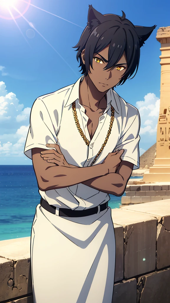 (1boy,solo,20s,mature male),black hair,short hair,cat ears,yellow eyes,(((dark skin))),(Egypt, blue sky, sun),white egypt oufit,looking at view,serious,crossed arms
