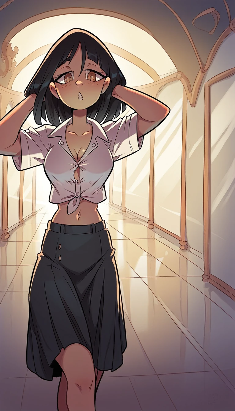 A tall attractive girl with light skin, big chest, long black hair, her brown eye, wears a white button-down shirt, curves a slim navel, and a long black skirt, smiles very attentively, and walks in the hallway in the university background. 