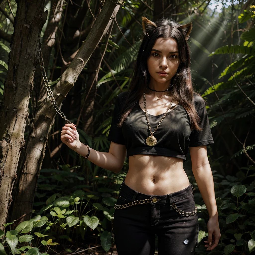 forest, catgirl, black cropped t-shirt adorned with medals and chains, black jeans adorned with chains and patches, beams of sunlight shining through the canopy, yellow eyes, calico fur, beautifully lit, insanely detailed, stunning environment