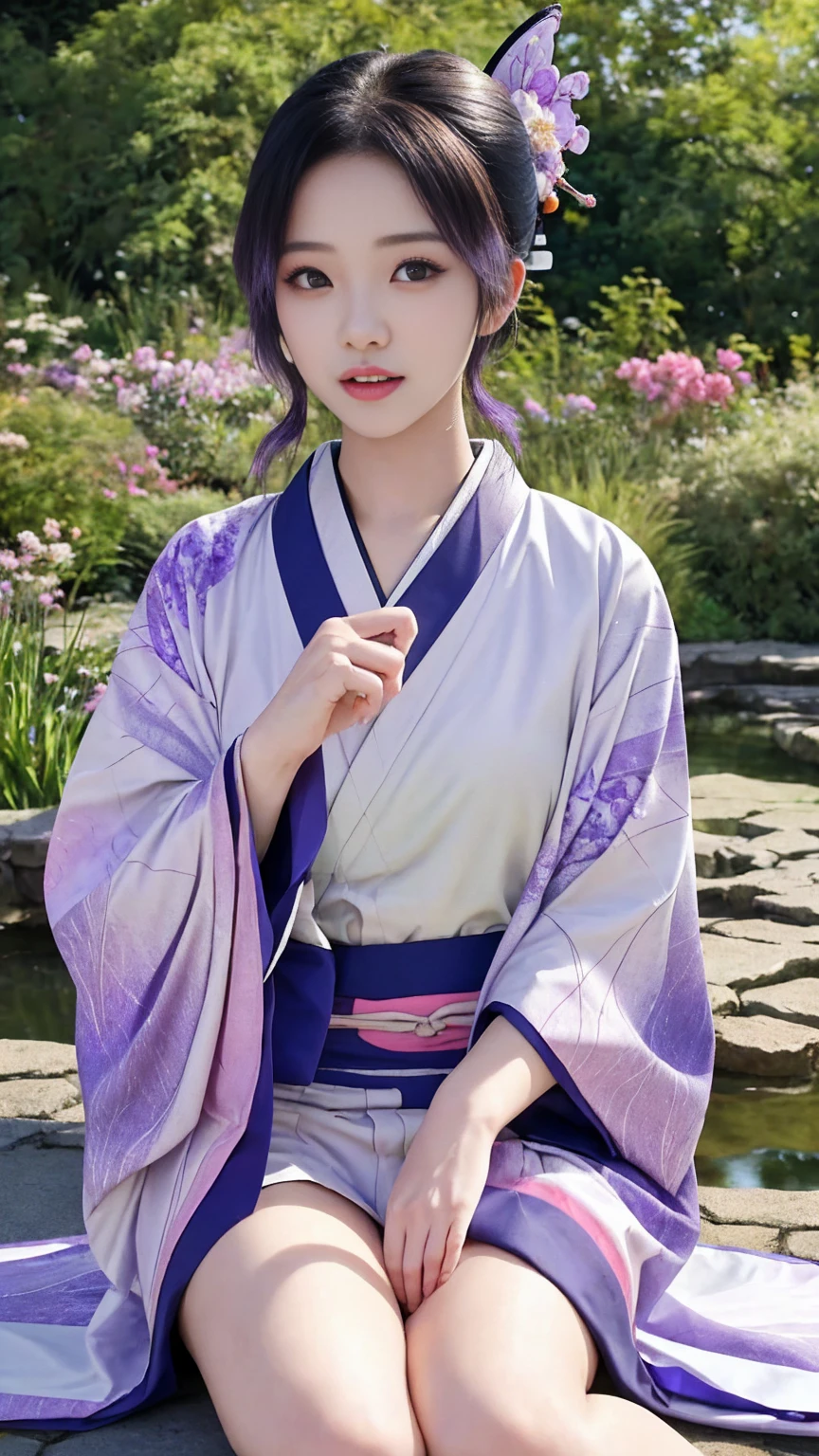 最high quality、high quality、Best Image Quality、8 k、最A high resolution、A high resolution、最high quality、masterpiece、Photos in RAW format、whole body写真、Detailed and realistic human body、Detailed and realistic skin、Realistic face in every detail、detailed and realistic eyes、Detailed and realistic lips、Detailed and realistic teeth、Detailed and realistic ears、Detailed and realistic hair、Realistic reproduction of every detail、Realistic fingers in every detail、(Perfect and beautiful hands、thumb1link4)、Realistic legs down to the smallest detail、((beautiful japanese girl))、(Japanese model)、((18 year old beautiful girl))、((young woman, looks like Shinobu Kocho.)、(purple hair)、(straight hair)、((whole body))、(Slim and perfect figure)、(whole body光沢肌、bright skin)、soft natural light、chinese dress、kimono、Ninja costumes、Japanese tradition、Japanese Garden、((multicolored skin(花柄のkimono))、((肌に張り付くkimono))、((Natural poses in the garden, to make your thighs look beautiful))