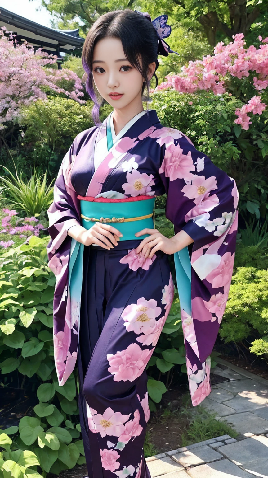 最high quality、high quality、Best Image Quality、8 k、最A high resolution、A high resolution、最high quality、masterpiece、Photos in RAW format、whole body写真、Detailed and realistic human body、Detailed and realistic skin、Realistic face in every detail、detailed and realistic eyes、Detailed and realistic lips、Detailed and realistic teeth、Detailed and realistic ears、Detailed and realistic hair、Realistic reproduction of every detail、Realistic fingers in every detail、(Perfect and beautiful hands、thumb1link4)、Realistic legs down to the smallest detail、((beautiful japanese girl))、(Japanese model)、((18 year old beautiful girl))、((young woman, looks like Shinobu Kocho.)、(purple hair)、(straight hair)、((whole body))、(Slim and perfect figure)、(whole body光沢肌、bright skin)、soft natural light、chinese dress、kimono、Ninja costumes、Japanese tradition、Japanese Garden、((multicolored skin(花柄のkimono))、((肌に張り付くkimono))、((Natural poses in the garden, to make your thighs look beautiful))