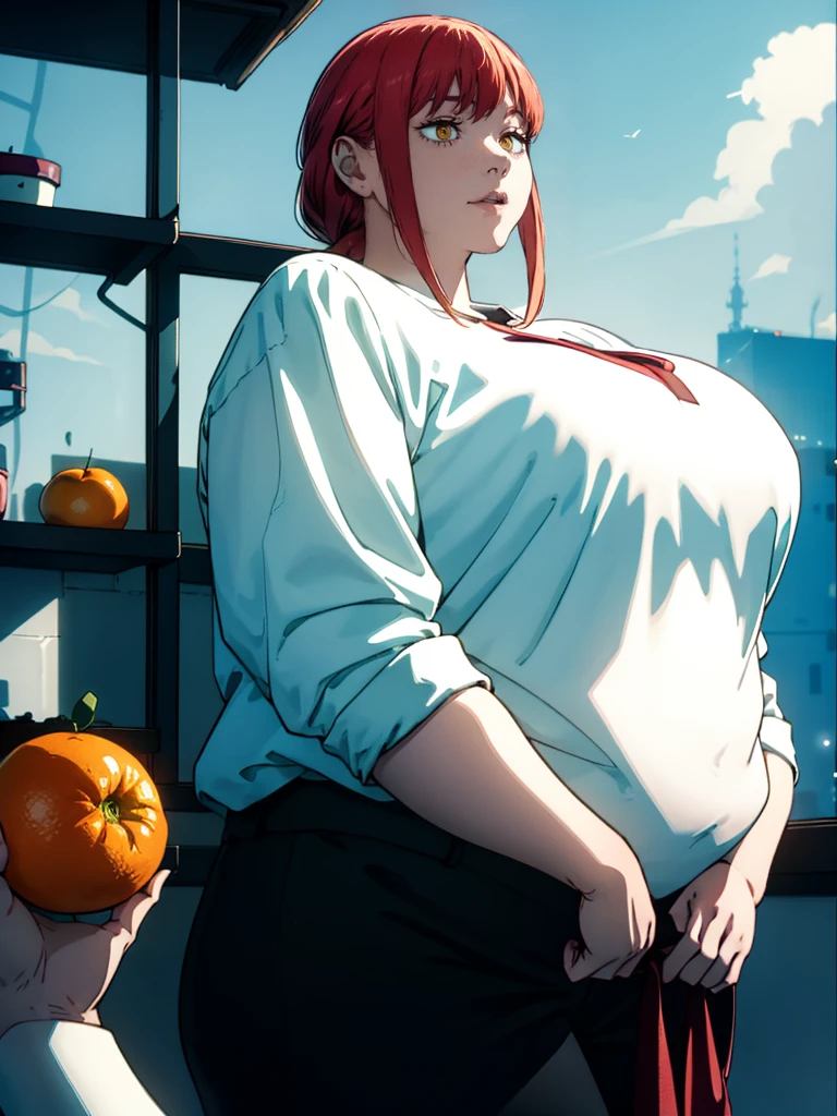 Le personnage Makima de la série animée Chainsaw Man, fragile, obésité morbide, ssbbw, pleine longueur (corps entier 1.1.), fond sombre, obscurité, anatomie correcte 1.1, anatomie correcte de la main, Très féminin, corps gras et rond, grosses Jambes, fesses, beau corps obèse, ventre rond et mou très gras, cheveux roux, Yeux oranges, Cercles rouges pour les écoliers, chemise blanche, jupe noire, cravate noire, pose sexy, réaliste, very détaillé, beau corps, détaillé body, détaillé hands, détaillé, vibrant, détaillé Face, Conception des personnages de Makima. very détaillé, détaillé body, détaillé hands, détaillé Face, Art animé, Hugh Détails, Visage très abattu, détaillé eyes, Illustration ultra fine, Meilleure ombre, détail fin, beautiful détaillé glow, beautiful détaillé, Extraordinairement beau, extremely détaillé, inexpressif, composition épique, Style animé. art animé, Style animé. Jupe noire, chemise blanche, cravatte, pose sexy, ventre énorme et rond