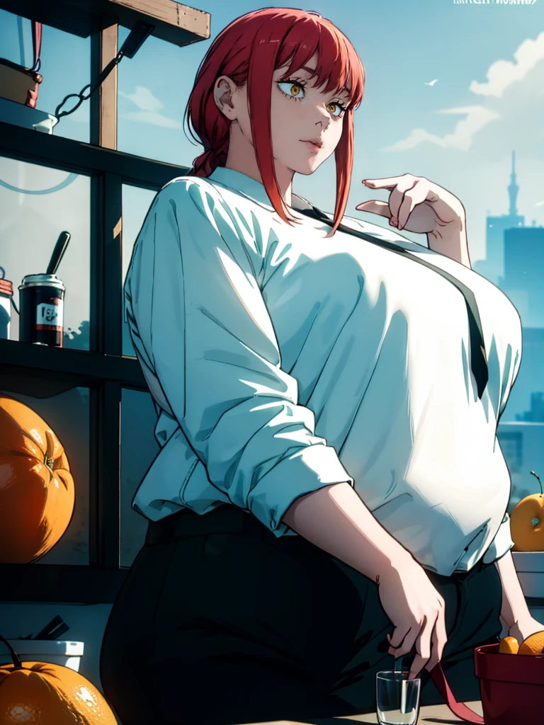 Le personnage Makima de la série animée Chainsaw Man, fragile, obésité morbide, ssbbw, pleine longueur (corps entier 1.1.), fond sombre, obscurité, anatomie correcte 1.1, anatomie correcte de la main, Très féminin, corps gras et rond, grosses Jambes, fesses, beau corps obèse, ventre rond et mou très gras, cheveux roux, Yeux oranges, Cercles rouges pour les écoliers, chemise blanche, jupe noire, cravate noire, pose sexy, réaliste, very détaillé, beau corps, détaillé body, détaillé hands, détaillé, vibrant, détaillé Face, Conception des personnages de Makima. very détaillé, détaillé body, détaillé hands, détaillé Face, Art animé, Hugh Détails, Visage très abattu, détaillé eyes, Illustration ultra fine, Meilleure ombre, détail fin, beautiful détaillé glow, beautiful détaillé, Extraordinairement beau, extremely détaillé, inexpressif, composition épique, Style animé. art animé, Style animé. Jupe noire, chemise blanche, cravatte, pose sexy, ventre énorme et rond