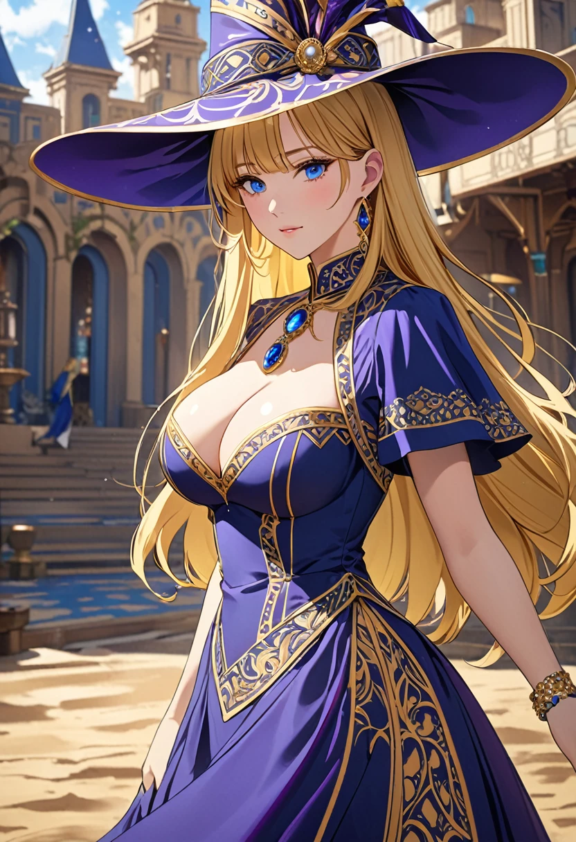 (( straight face picture )) ((best quality)), ((Masterpiece)), (details), Young woman , yellow hair , Dirt. , blue eyes ,Blue purple set, Gold pattern, wearing a big brimmed hat , Magician , The dress is very beautiful. ,long dress ,big breasts ,Big butt