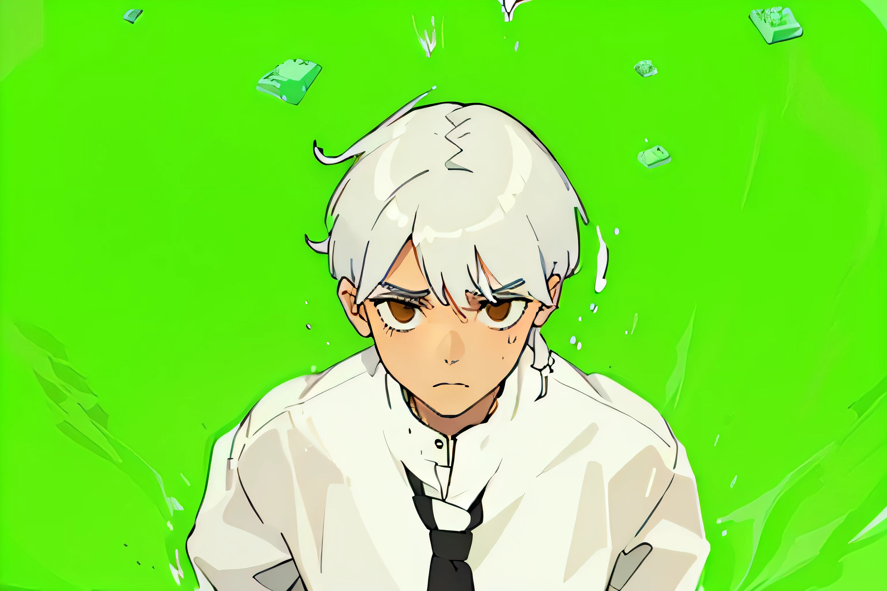 guy stands on his shins, Pale face, sad expression, Brown eyes, White hair, dressed in , white rumpled shirt, black tie, trousers and boots, drenched in juice, against the background of chrome keys.
