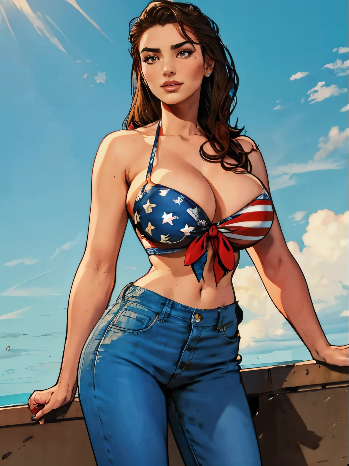 Gorgeous and sultry busty athletic (thin) brunette (smirking) with sharp facial features and a ((long), slicked-back hair) and (huge , long legs) wearing a star-spangled American flag print bikini, Americana, swimming pool.