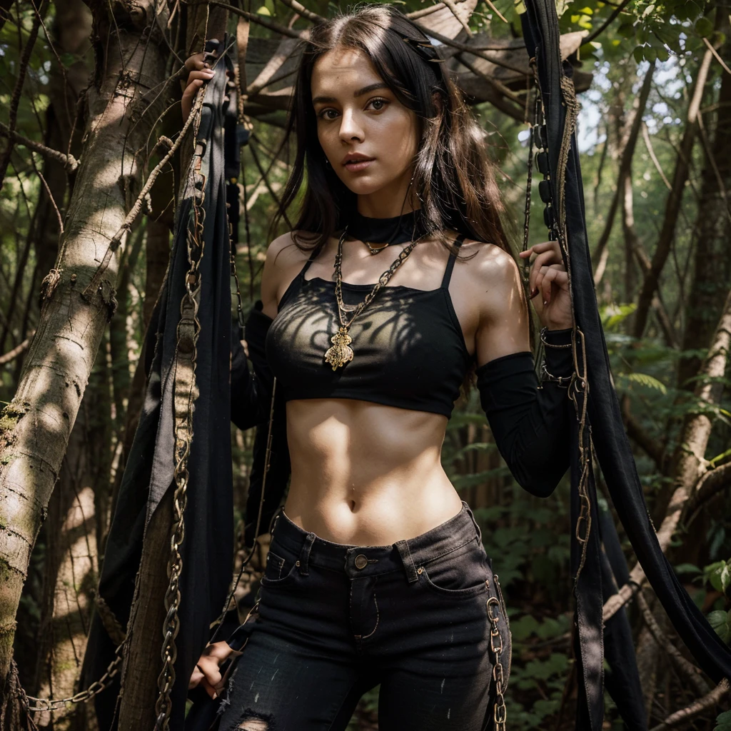 forest, catgirl, black cropped t-shirt adorned with medals and chains, black jeans adorned with chains and patches, beams of sunlight shining through the canopy, yellow eyes, calico fur, beautifully lit, insanely detailed, stunning environment