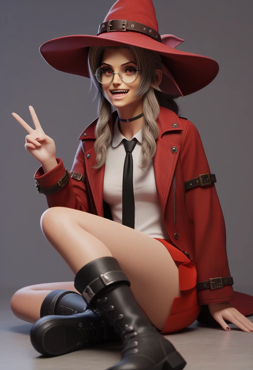 puntaje_9, puntaje_8_arriba, puntaje_7_arriba, puntaje_6_arriba, DESCANSO 1 chica, solo, Aerith Gainsborough, retrato, fondo azul, profundidad de campo, Sombra, (masterpiece), 1girl, best quality, very happy face, perfect face, nekogirl, grey hair, messy large hair, black choker, witch hat, white shirt, red skirt, coat, bigs belts, circular glasses, fox ears color grey, color red eyes, piercing on fox ears, black large stockings, goth boots, black necktie, peace sign