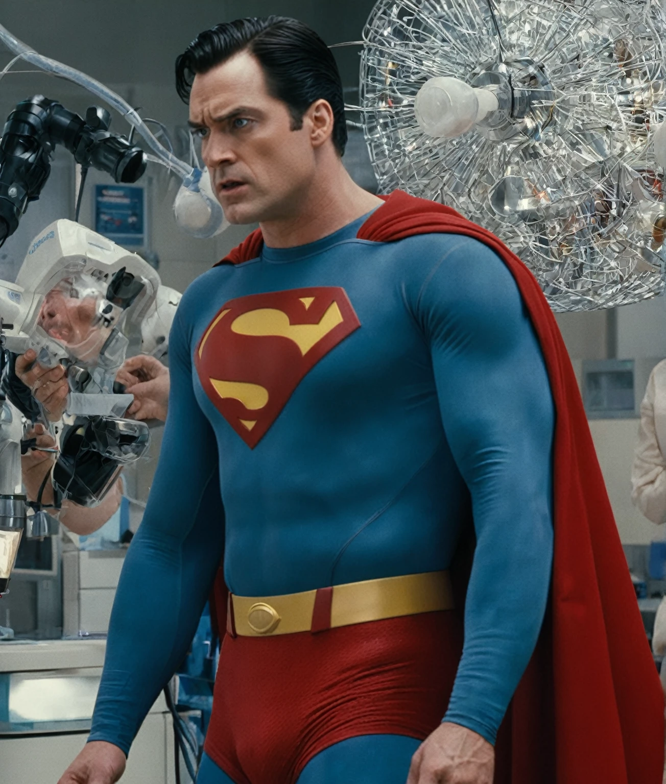 Nikkage battles supervillains at a dialysis clinic as Superman. The scene is captured as a photorealistic still frame., capture the heroism and intensity of the moment against the backdrop of a Kuiper belt object.