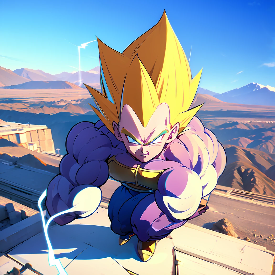 1boy, vegetass2, bodysuit, blue bodysuit, looking at viewer, blonde hair, gloves, green eyes, male focus, white gloves, armor, muscular, spiked hair, saiyan armor, from Dragon Ball Z, straddle stance, (huge muscles:1.6), full body, yellow aura, electricity, Dragon Ball Z artstyle, in the style of Akira Toriyama, white tiled floor, outdoors, flat-top mountains, Extreme Wide shot, Low Angle Shot, , masterpiece, best quality, very aesthetic, absurdres,