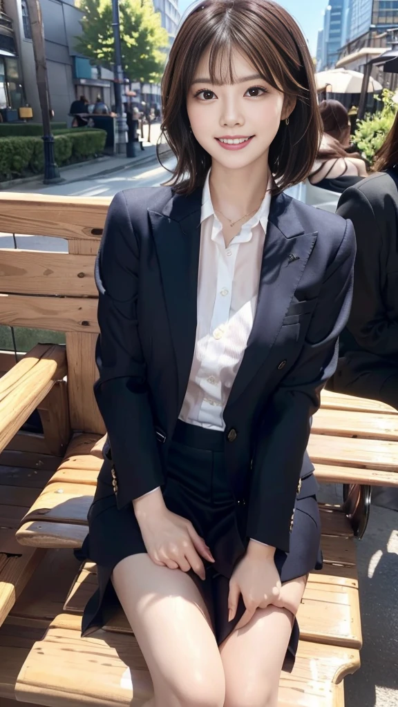 "prompt": "A sunny day in the city with a black-haired woman sitting on a bench, wearing a matching color suit. She has the most radiant smile, exuding confidence and joy. The vibrant cityscape is clear under the bright blue sky, with modern buildings in the background. Her suit is perfectly tailored, and her black hair shines in the sunlight. The scene is ultra-realistic in 8K, capturing intricate details of her suit, the texture of the bench, and the lively city atmosphere. The image quality is top-notch, making every element look perfect and clean, creating a masterpiece of professional artwork.",