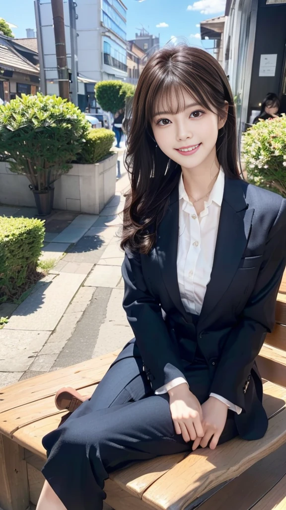 "prompt": "A sunny day in the city with a black-haired woman sitting on a bench, wearing a matching color suit. She has the most radiant smile, exuding confidence and joy. The vibrant cityscape is clear under the bright blue sky, with modern buildings in the background. Her suit is perfectly tailored, and her black hair shines in the sunlight. The scene is ultra-realistic in 8K, capturing intricate details of her suit, the texture of the bench, and the lively city atmosphere. The image quality is top-notch, making every element look perfect and clean, creating a masterpiece of professional artwork.",