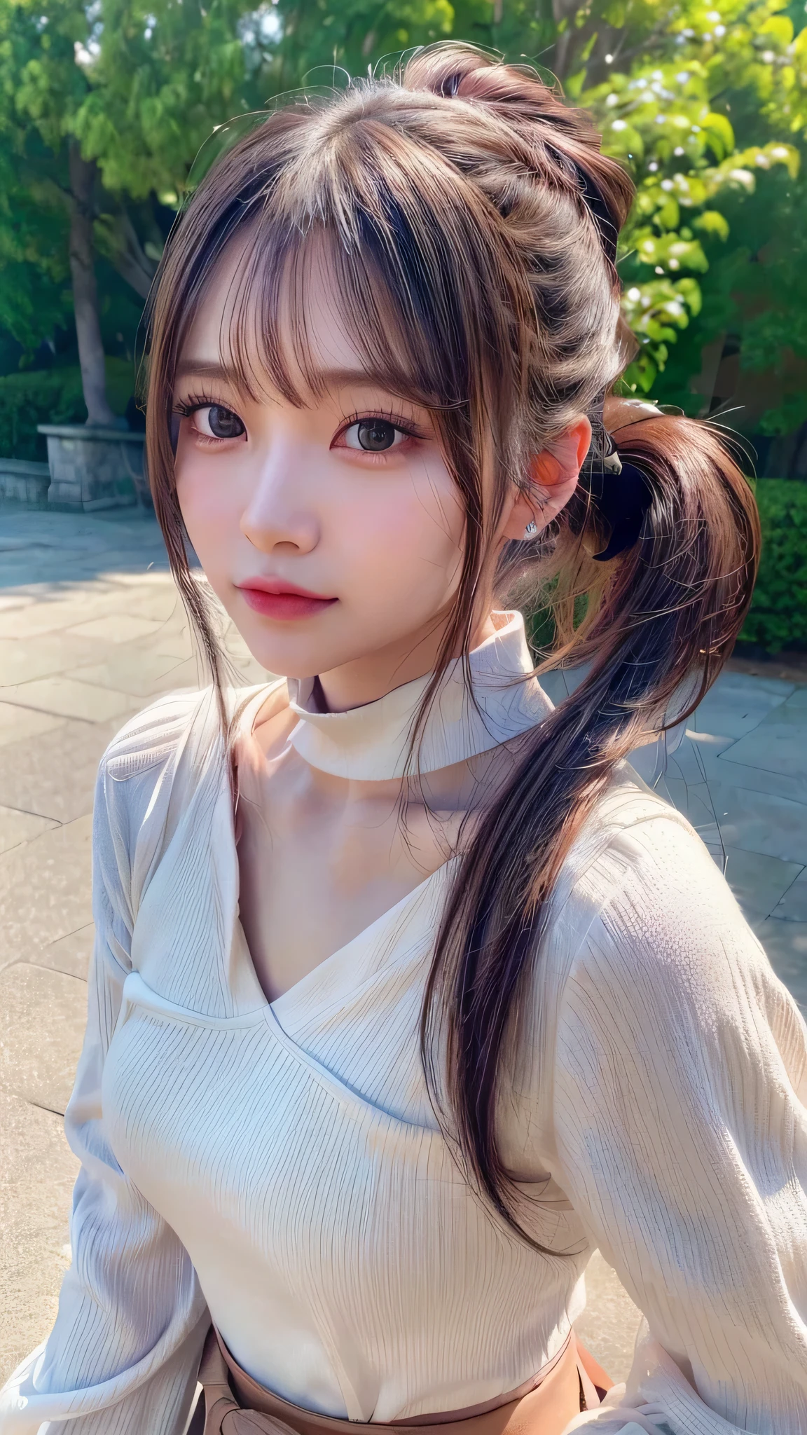 One piece with collar,outdoors,Urban Park,On the lawn,Ultra-detailed, finely detail, hight resolution, 8K Wallpaper, Perfect dynamic composition, Beautiful detailed eyes,Outdoor,Close-up of face,Outdoor,Blushing,Facing forward,,Long hair ponytail,((8k, Raw photo, Best Quality, Mastepiece:1.2), (Realism, Photorealistic:1.4), (Highly detailed 8K wallpapers), Depth of written boundary, Cinematic Lighting, Soft Light, Detailed Beauty Eye,Shiny and smooth light brown ponytail, Asymmetrical bangs, Shiny skin, Ultra-detailed skins ,It is high resolution., High detail, Detailed hairstyle, Detailed facial beauty, Hyper-realistic, Perfect limbs, Perfect Anatomy ,1 Japanese girl,Famous Japanese Idols, Perfect female body,A shy smile,Short eyelashes,Double-edged eyelids,Look straight here,Hair style: ponytail,