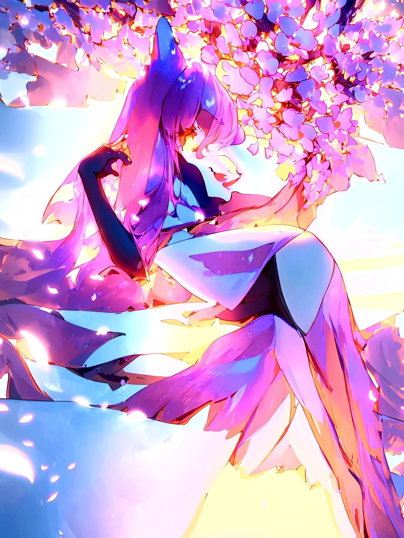 a sensual woman with a voluptuous figure, long flowing hair, lying in a field of cherry blossoms, with a small white fox tail, a close-up full body shot, wearing an ultra-short skirt and stockings, (best quality,4k,8k,highres,masterpiece:1.2),ultra-detailed,(realistic,photorealistic,photo-realistic:1.37),detailed beautiful eyes,detailed beautiful lips,extremely detailed face and body,porcelain skin,elegant,ethereal,serene,soft lighting,pastel colors,delicate