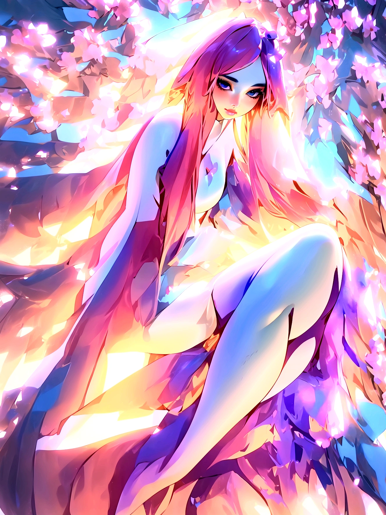 a sensual woman with a voluptuous figure, long flowing hair, lying in a field of cherry blossoms, with a small white fox tail, a close-up full body shot, wearing an ultra-short skirt and stockings, (best quality,4k,8k,highres,masterpiece:1.2),ultra-detailed,(realistic,photorealistic,photo-realistic:1.37),detailed beautiful eyes,detailed beautiful lips,extremely detailed face and body,porcelain skin,elegant,ethereal,serene,soft lighting,pastel colors,delicate