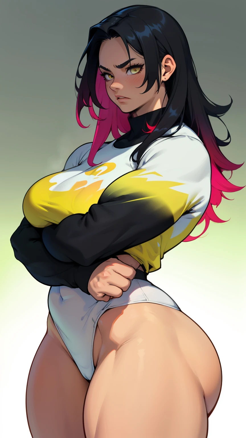 1girl solo black hair yellow eyes very long hair pale skin muscular muscular muscular muscular toned body huge muscles thick thighs girl tight clothes angry blushing messy hair tight shirt long sleeves thick thick thick thick (gradient hair gradient hair gradient hair gradient hair gradient hair gradient hair) (gradient hair gradient hair gradient hair gradient hair gradient hair gradient hair)