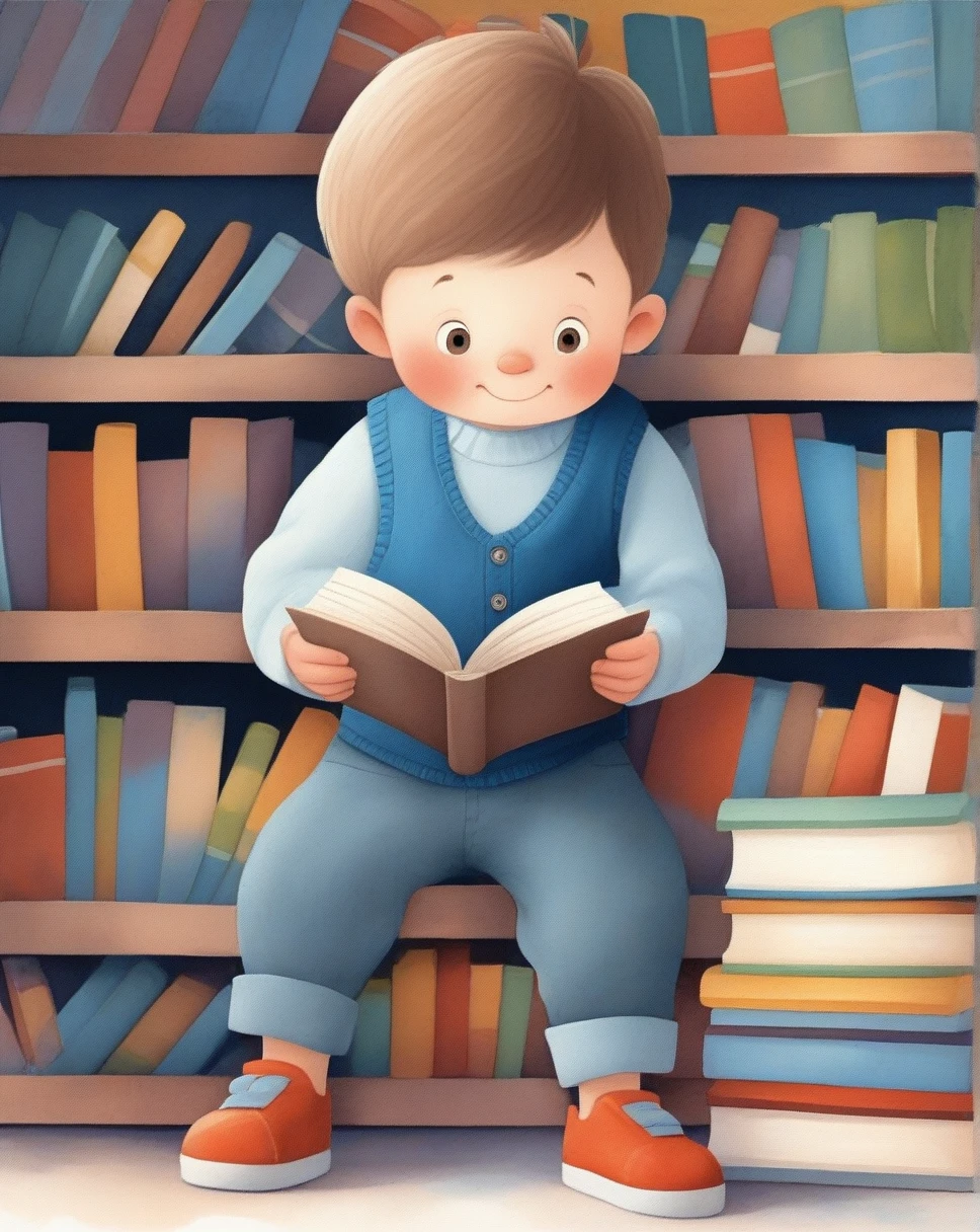 Illustrated books for children.,crayon paints, boy in , blue long sleeve vest, grey pants