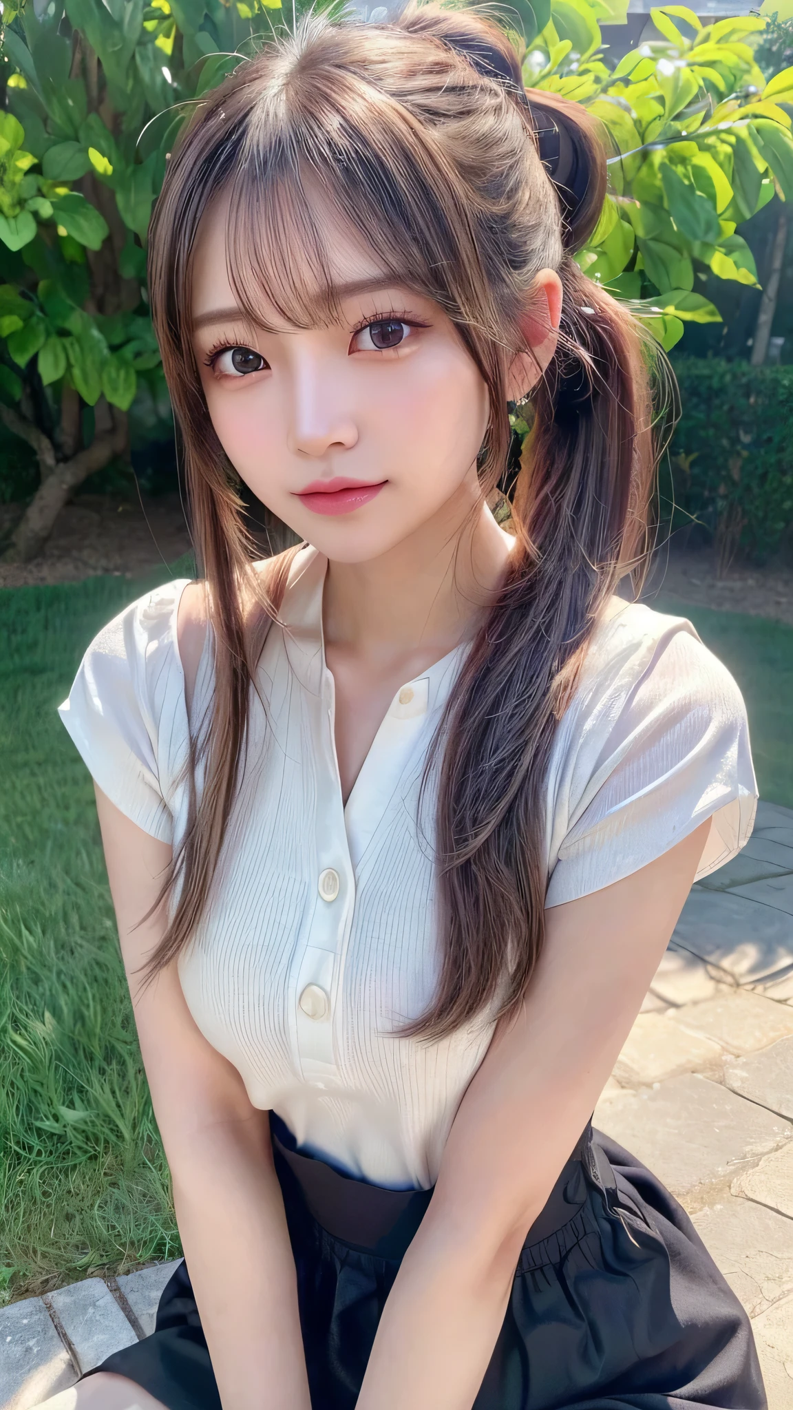 One piece with collar,outdoors,Urban Park,On the lawn,Ultra-detailed, finely detail, hight resolution, 8K Wallpaper, Perfect dynamic composition, Beautiful detailed eyes,Outdoor,Close-up of face,Outdoor,Blushing,Facing forward,,Long hair ponytail,((8k, Raw photo, Best Quality, Mastepiece:1.2), (Realism, Photorealistic:1.4), (Highly detailed 8K wallpapers), Depth of written boundary, Cinematic Lighting, Soft Light, Detailed Beauty Eye,Shiny and smooth light brown ponytail, Asymmetrical bangs, Shiny skin, Ultra-detailed skins ,It is high resolution., High detail, Detailed hairstyle, Detailed facial beauty, Hyper-realistic, Perfect limbs, Perfect Anatomy ,1 Japanese girl,Famous Japanese Idols, Perfect female body,A shy smile,Short eyelashes,Double-edged eyelids,Look straight here,Hair style: ponytail,